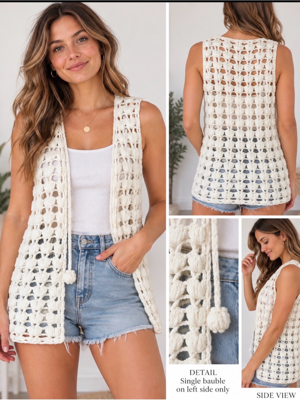 Handmade Crochet Openwork Sleeveless Vest - White Cream Size XS S Boho Festival